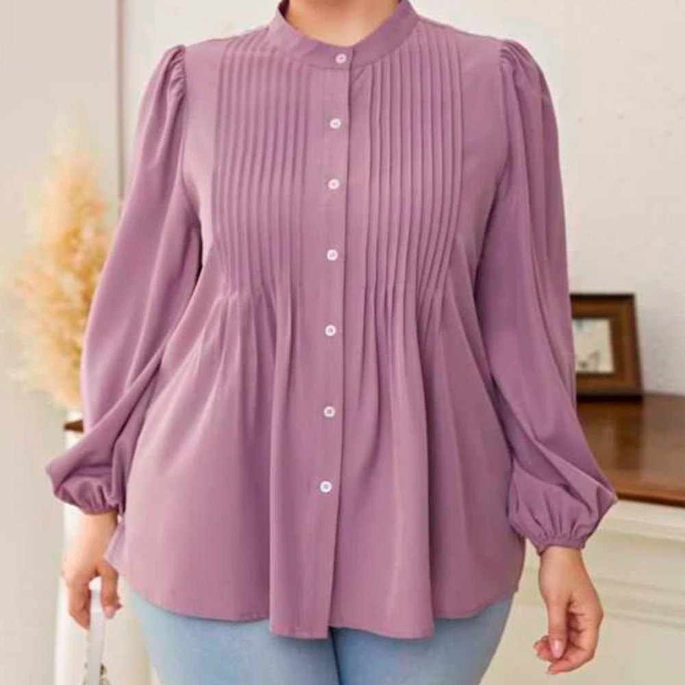Lilac button front top with decorative pleats